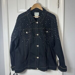 QUACKER FACTORY Dark DENIM JACKET Pearl Rhinestone Beads XL 1X Buttons